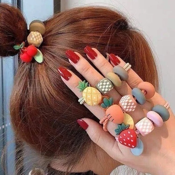 Accessories - Fruit Hair Ties Set of 3 Cute Pineapple, Cherry & Strawberry Pony Tail Elastics